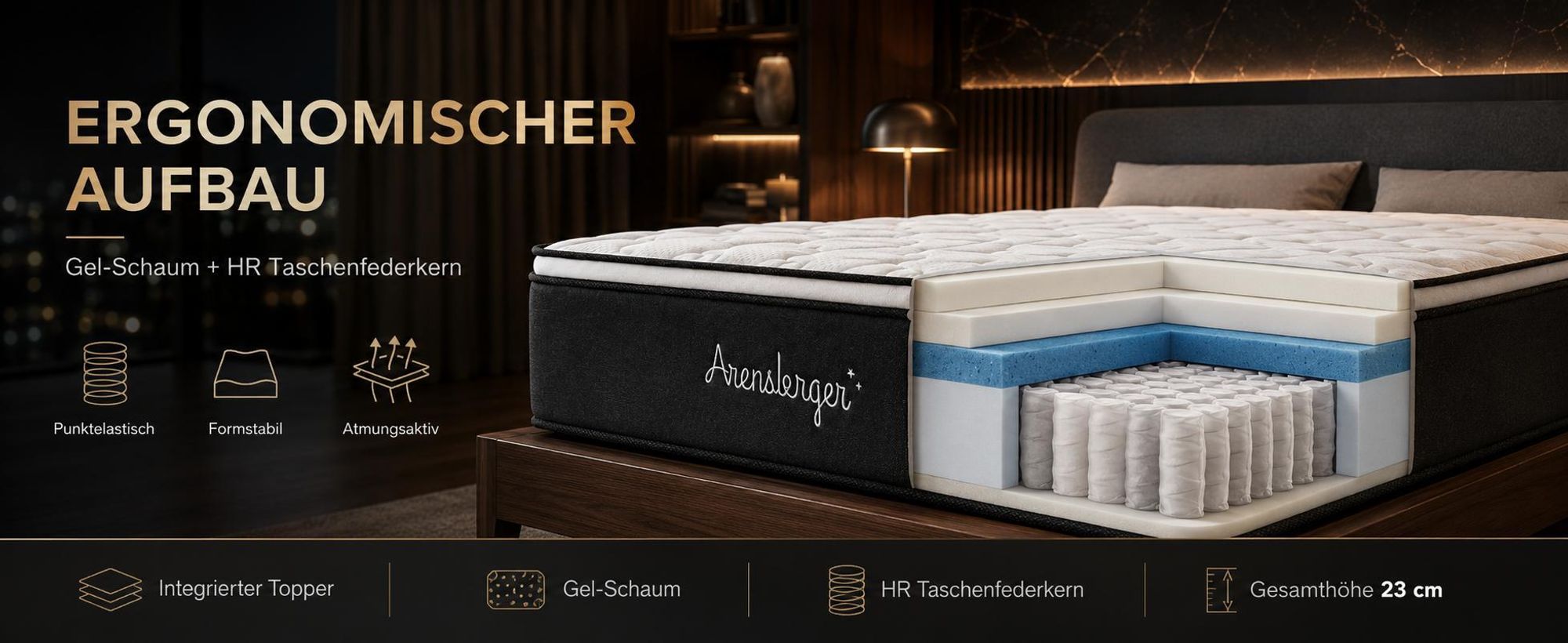 Arensberger EMILIA Federkernmatratze mit GEL-Schaum und integriertem Topper | 120x200 cm Höhe 23cm | Härtegrad H3/ H4 | HR Taschenfederkern Matratze