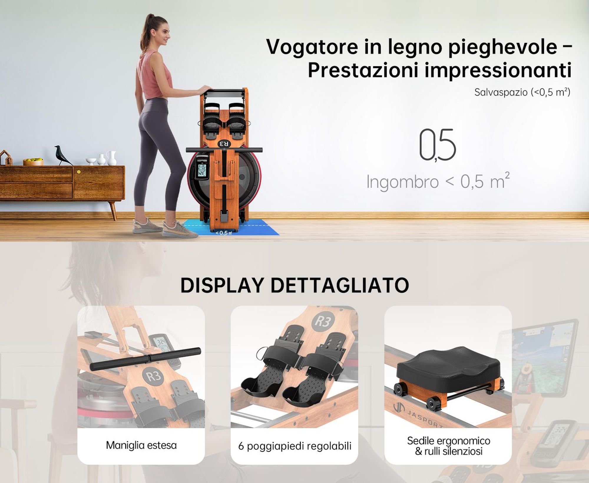 JASPORT R3 Vogatore pieghevole con display LCD Bluetooth, compatibile con Kinomap, serbatoio dell'acqua da 28 litri, portata massima 150 kg - Colore ciliegio
