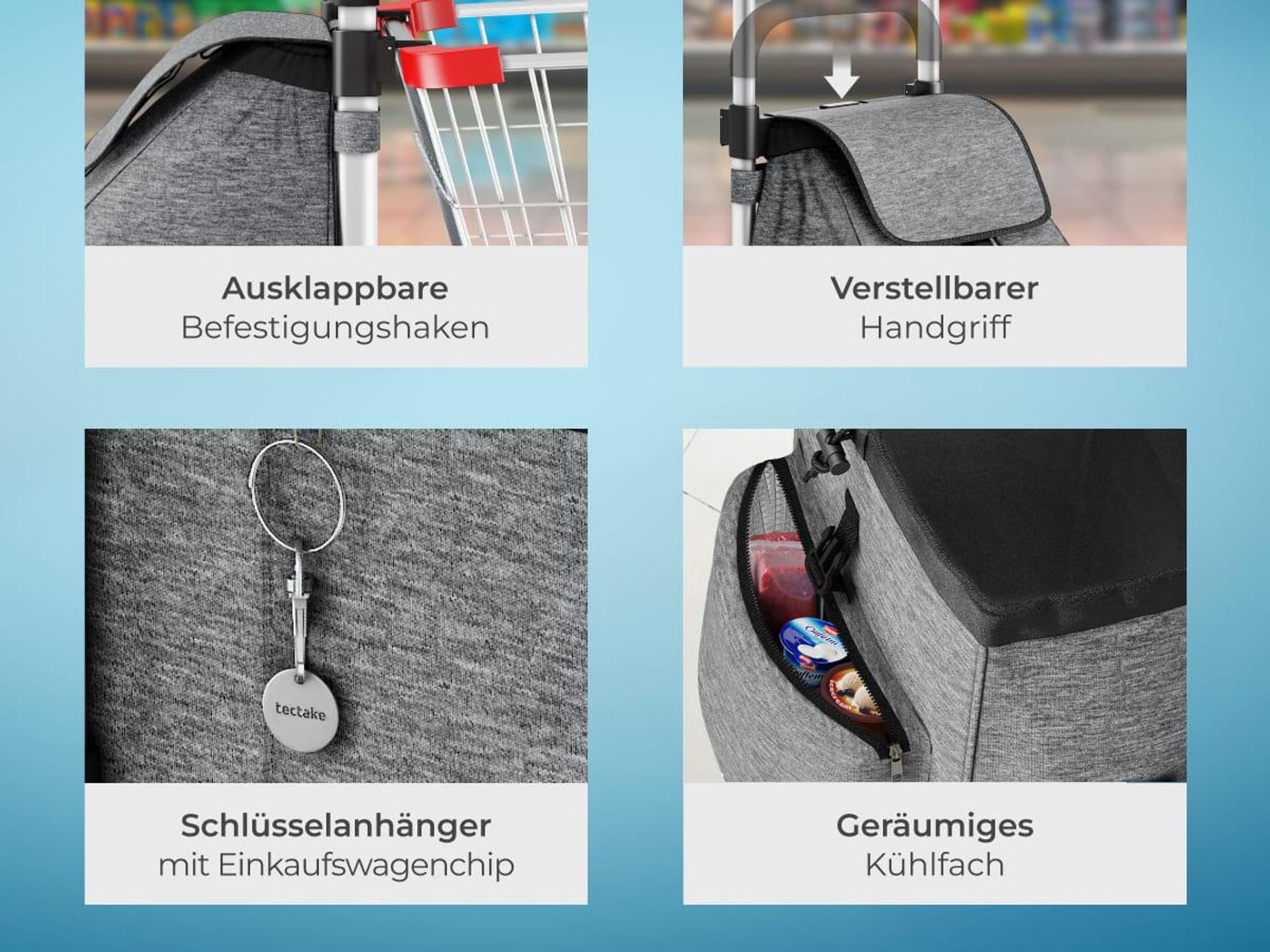 tectake Einkaufstrolley 3-in-1 klappbar mit Kühltasche 56L 30kg Aluminium Shopper Trolley Umhängetasche Sackkarre höhenverstellbar