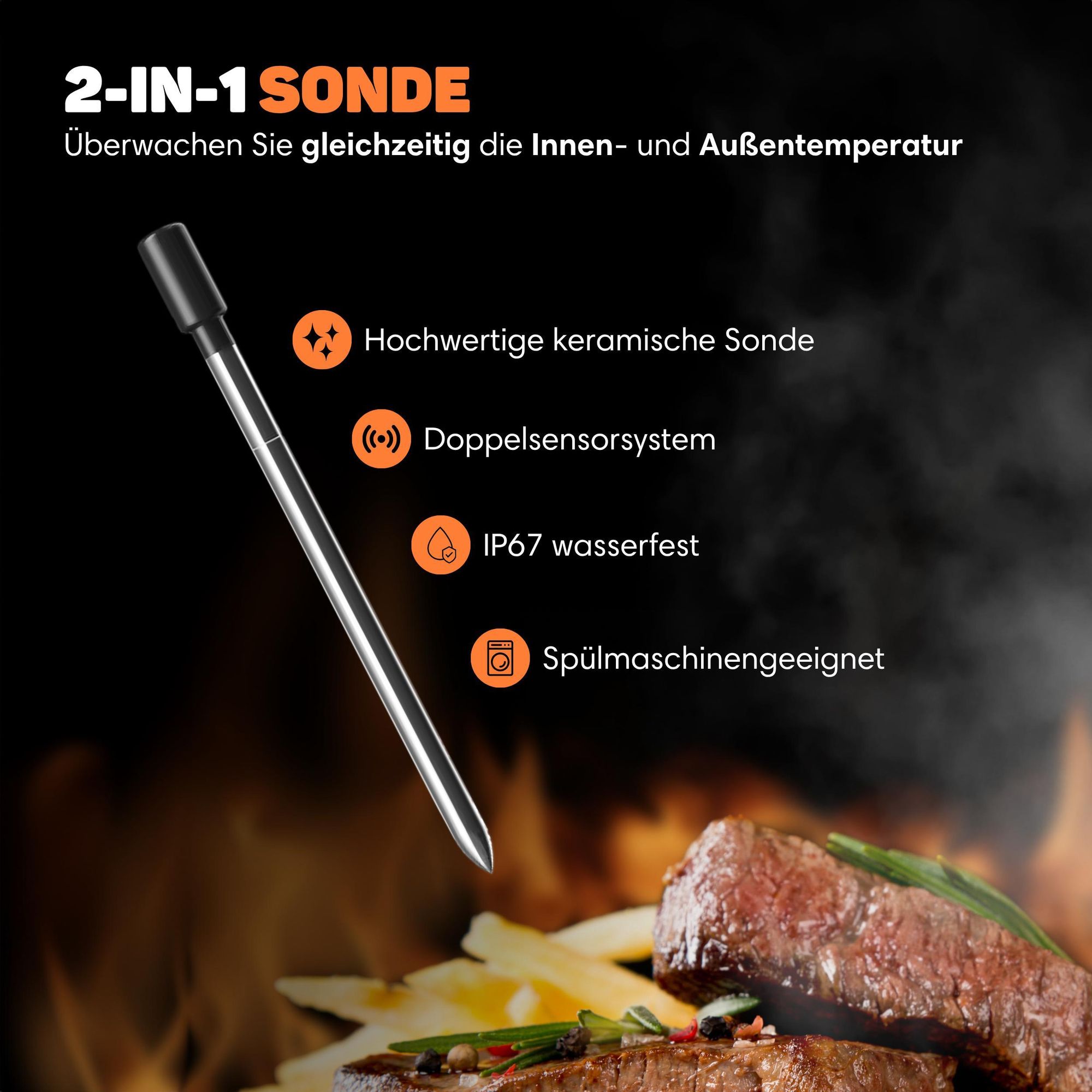Vulpes Goods Küchenthermometer, Fleischthermometer, mit App, drahtlos, BBQ-Fleischthermometer, Ofenthermometer und Kochthermometer, 80 m Reichweite