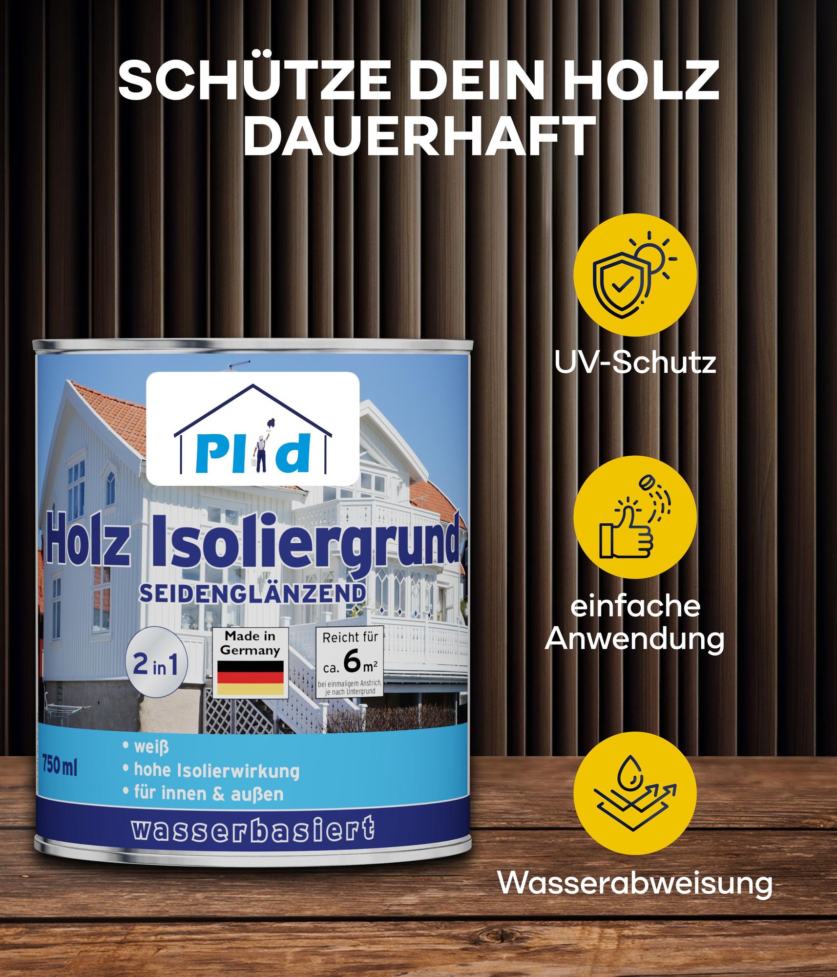 Plid Holz-Isoliergrund 1,5l Weiß für 6m² / Sperrgrund für Holzfarbe - Holzgrundierung für Wetterschutzfarbe sperrt Holzinhaltsstoffe ab
