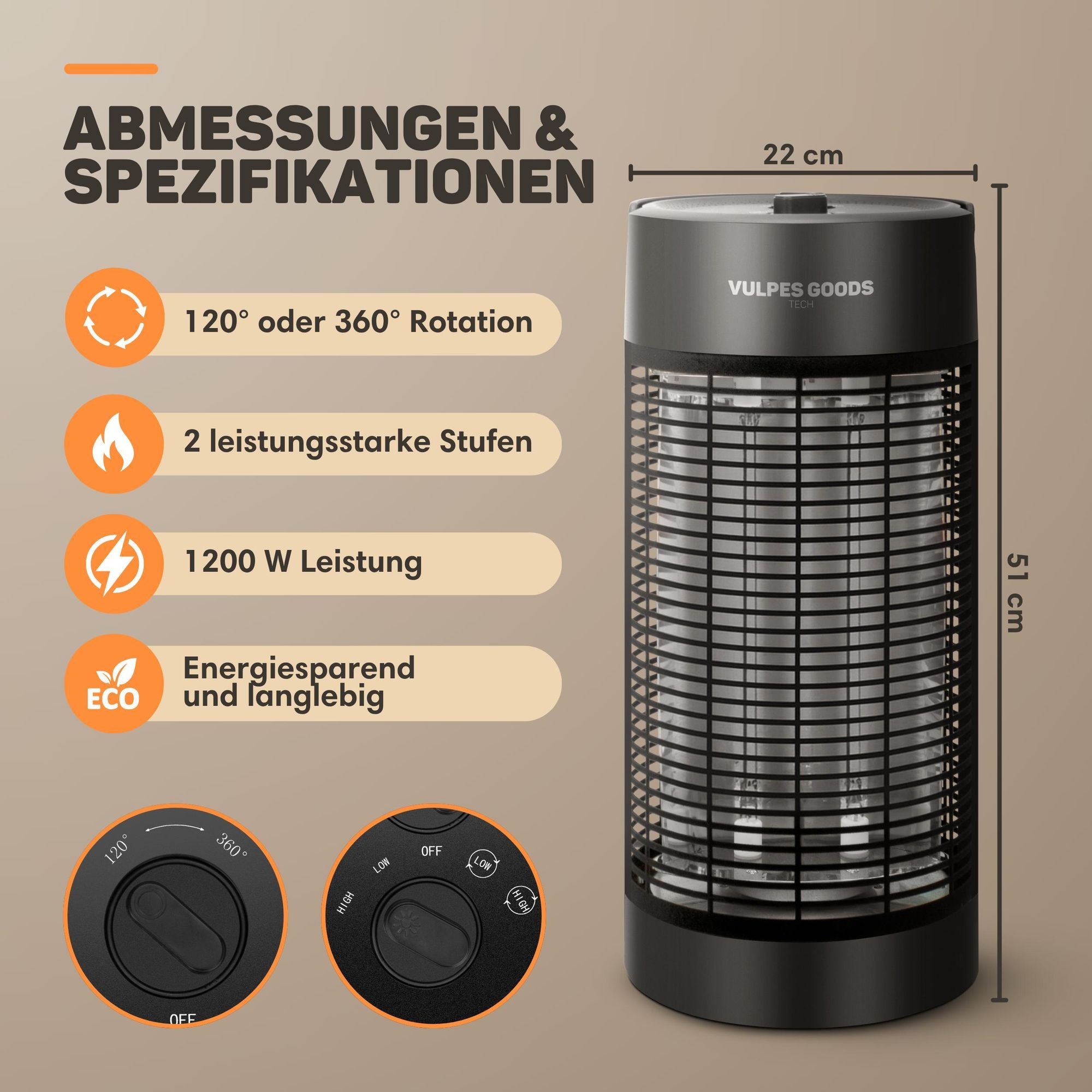 Infrarot Heizstrahler elektrisch mit 600 W & 1200 W Stufe, Innen / draußen geeignet- Terrassenheizer - elektrischer Infrarotstrahler, Infrarotheizung