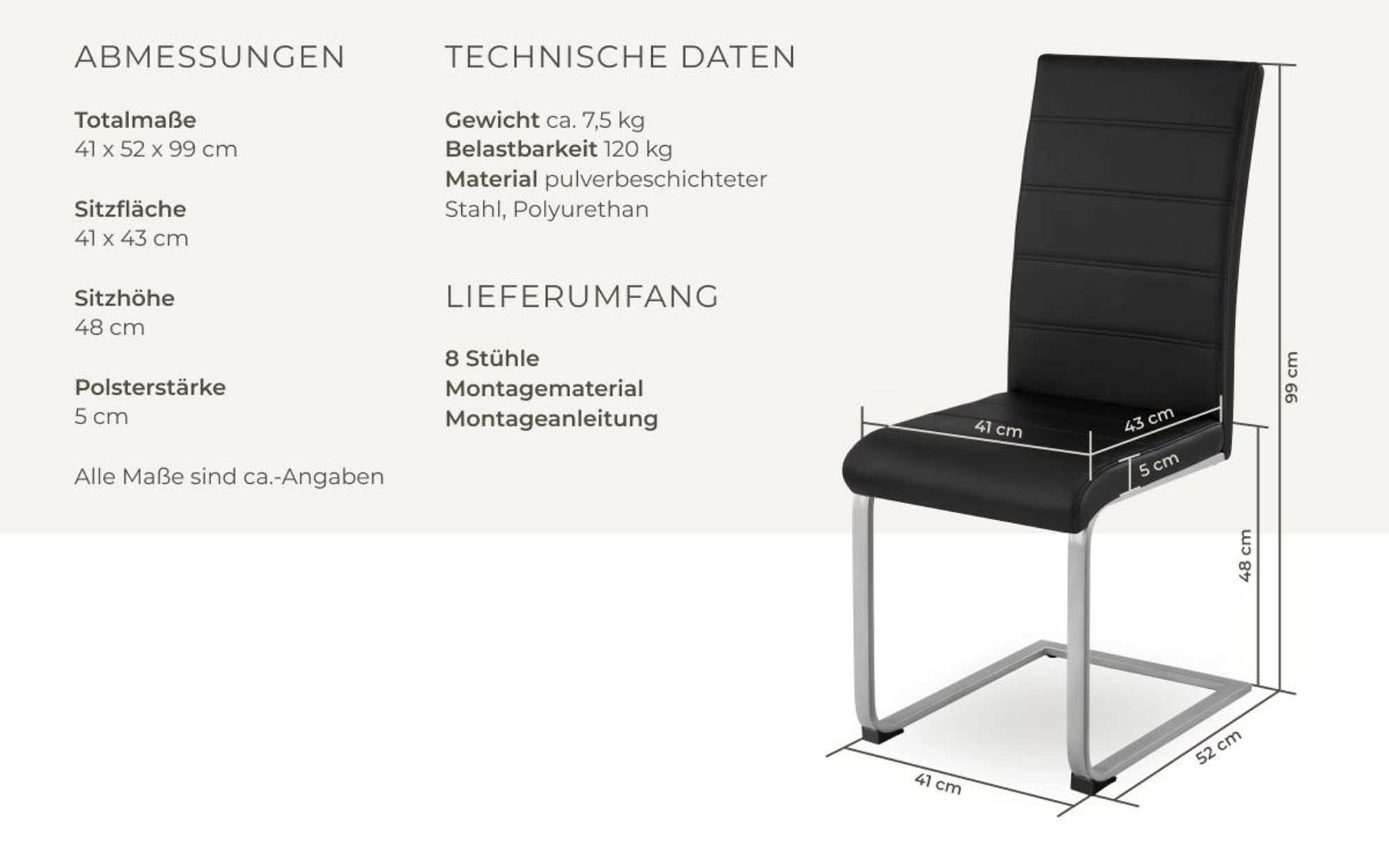 tectake® Set Schwingstuhl Bettina gepolstert mit Kunstlederbezug 41 x 52 x 99 cm