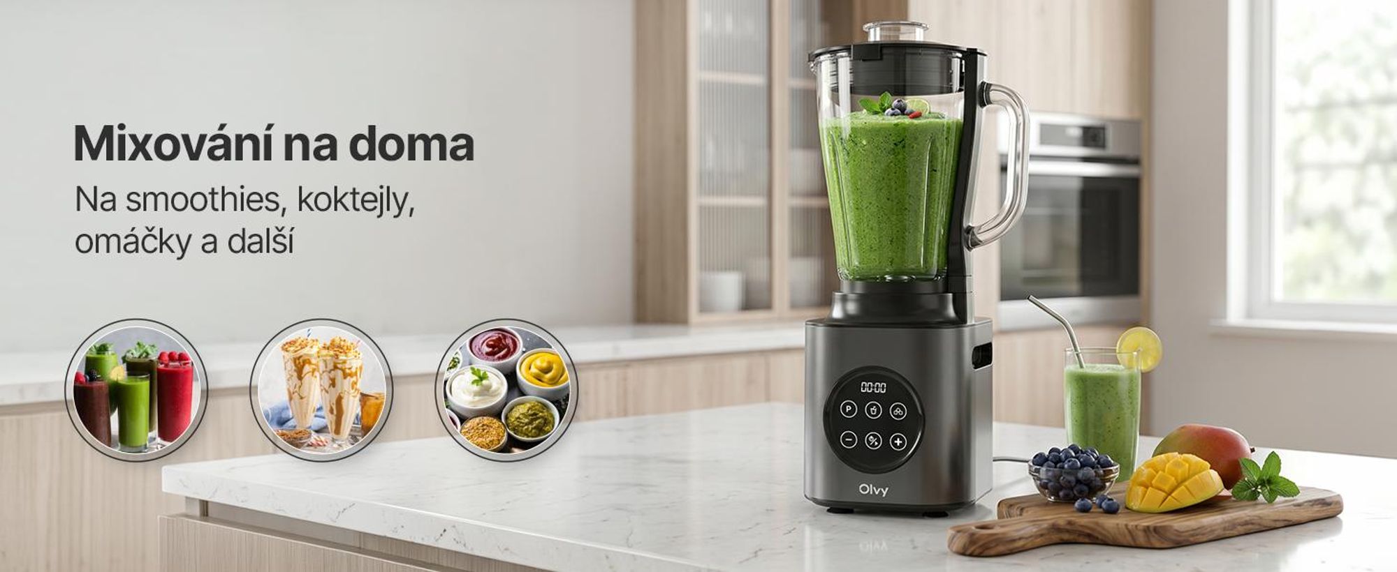 Mixér Olvy, 1000 W, s 1,5litrovou skleněnou nádobou a 600ml kelímkem z materiálu Tritan, 9 rychlostí, pulzní funkce, drcení ledu, funkce pro přípravu smoothie a mléčných koktejlů