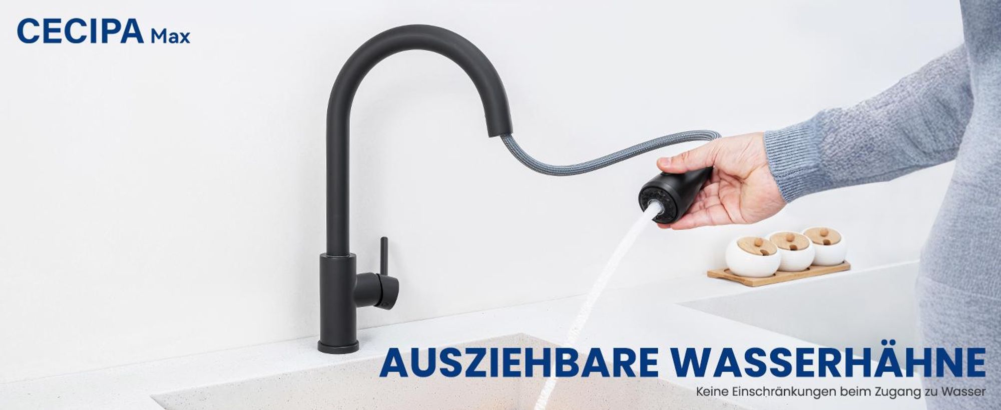 Küchenspüle 50x45 cm mit Hochdruck ausziehbarem Armatur, schwarze edelstahlspüle Set, Spülbecken mit ausziehbarem Wasserhahn, Einbauspüle, Cecipa MAX