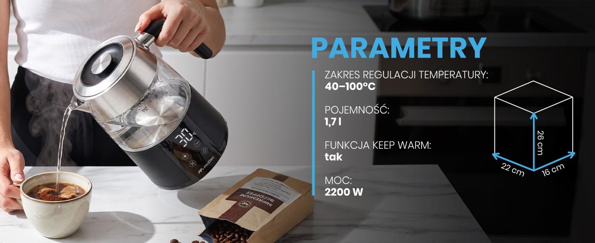 Szklany czajnik elektryczny o pojemności 1700ml i mocy 2200W z funkcją trzymania temperatury