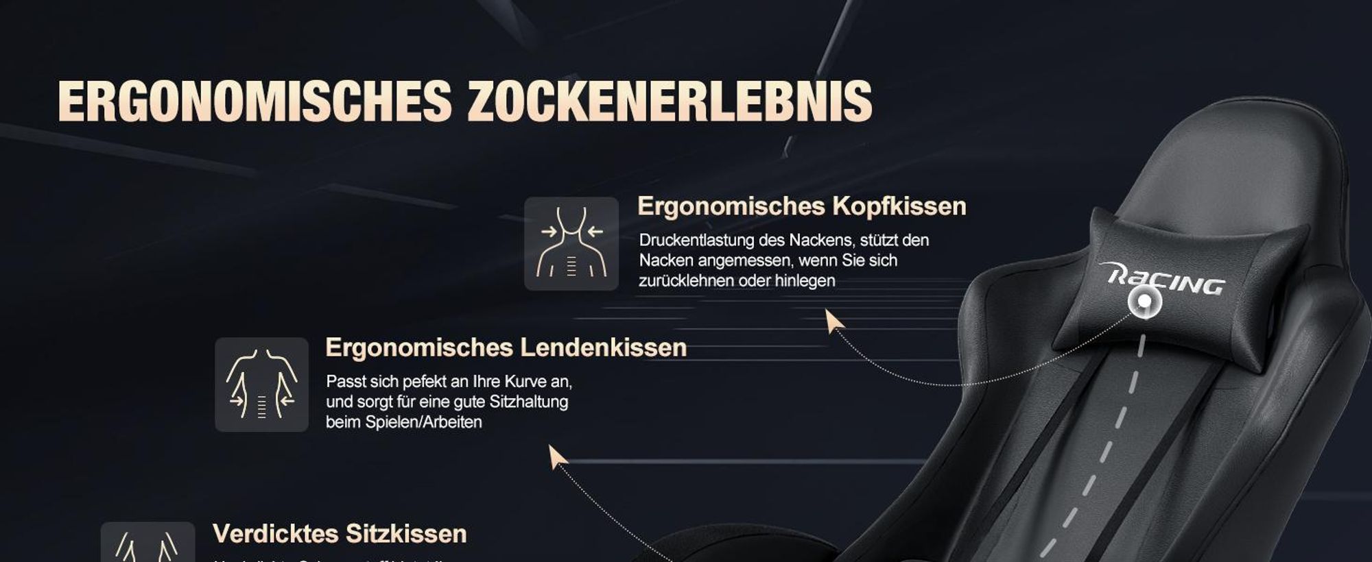 Hiazurm Gaming Stuhl,Bürostuhl Ergonomischer Gaming Sessel mit Lendenwirbelstütze Fußstütze, gepolstert,Kopfkissen Gaming Stuhl, 150kg Gaming Chair