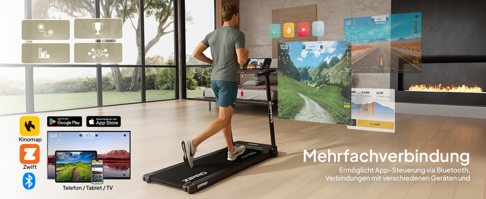 ZIPRO Forma Elektrisches Laufband klappbar – Heimtrainer bis 12 km/h – Platzsparendes FlatFold Design, Zwift & Kinomap Kompatibel, Neigungsverstellung