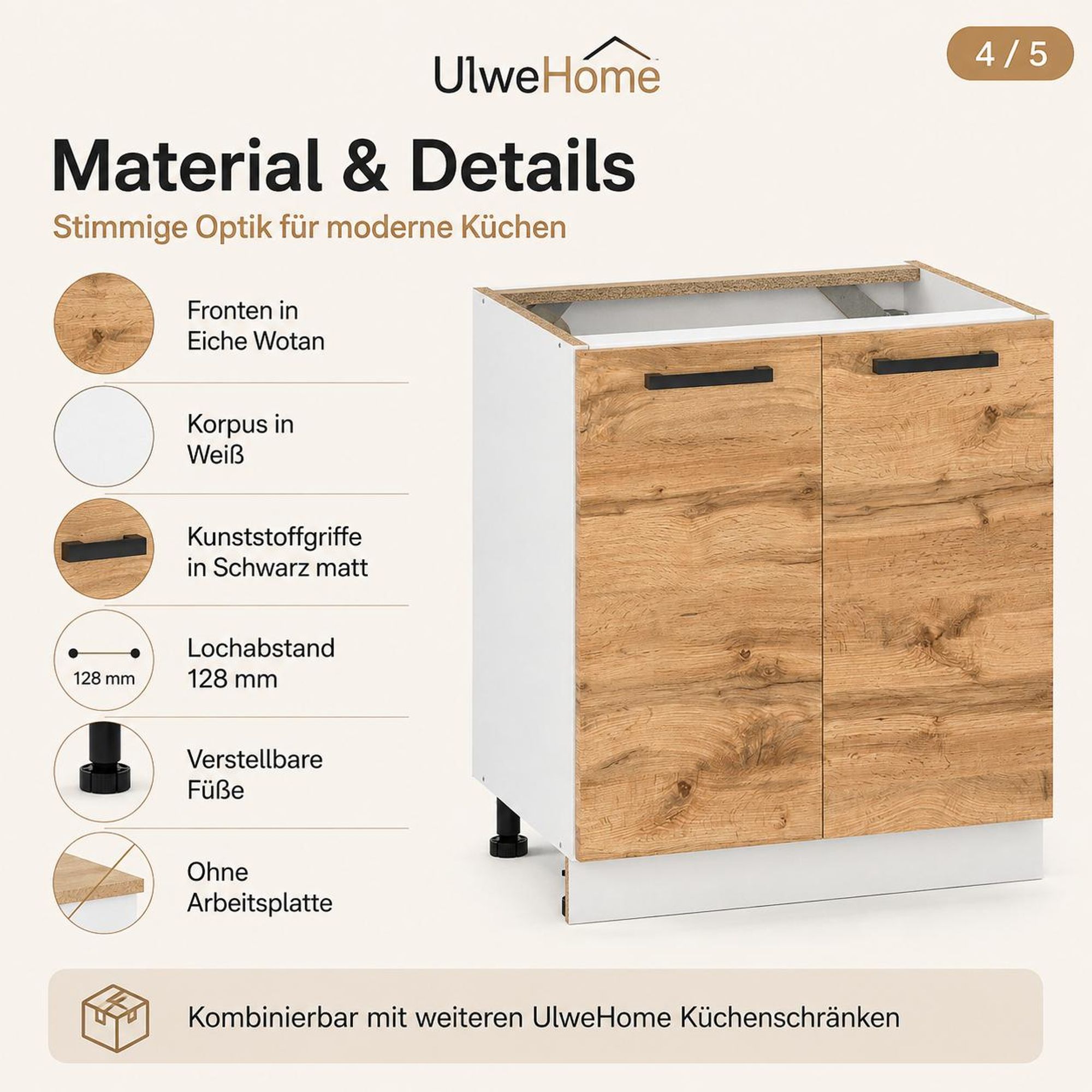 UlweHome Küchenunterschrank Eiche Wotan: Materialdetails, 128 mm Lochabstand & Füße.
