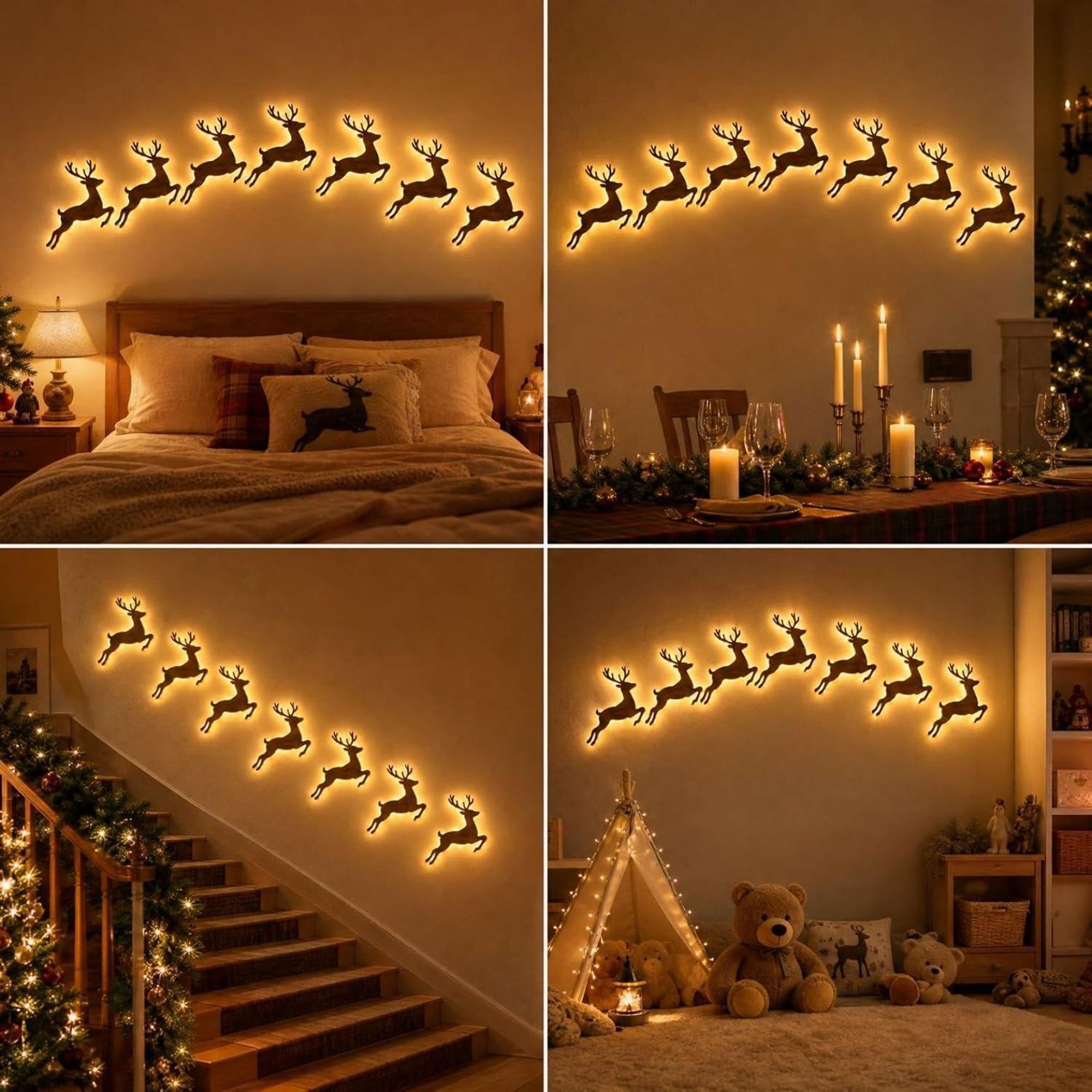 Weihnachtsdeko,3D Selbstklebende Weihnachtliche Wanddeko(Style B)Weihnachtsbeleuchtung aus Holz,Heimdekoration Rentier Wanddekoration für Wohnzimmer
