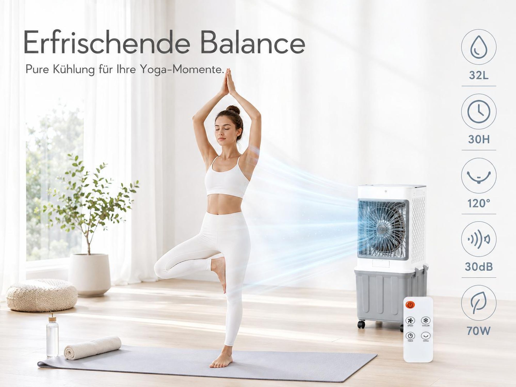 32L Klimagerät Mobil Ohne Abluftschlauch 70W Klimaanlage mit 4 Eisboxen 30H Laufzeit 30dB Leise Ventilator Mit Wasserkühlung Wohnung Zimmer Räume 85cm
