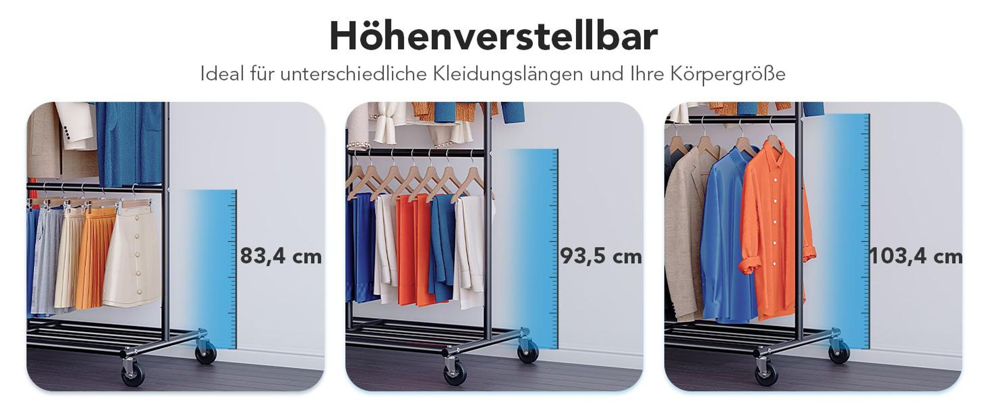 HOKEEPER Schwerlast Kleiderständer auf Rollen, bis 150 kg Belastbarkeit, strapazierfähige Kleiderstange mit Ablageflächen zum Aufhängen, für Schlafzim