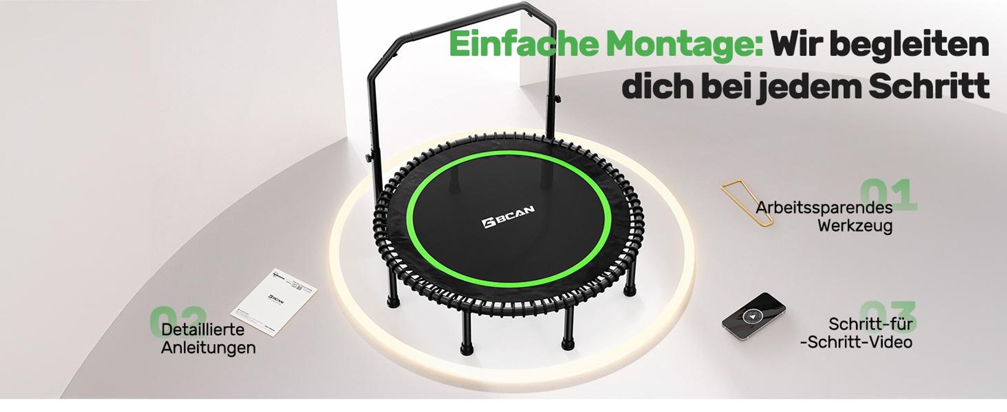 BCAN Rebounder-Trampolin Erwachsene | 122cm 250kg | Bungee-Seilen Verstellbarer Griff Indoor&Outdoor