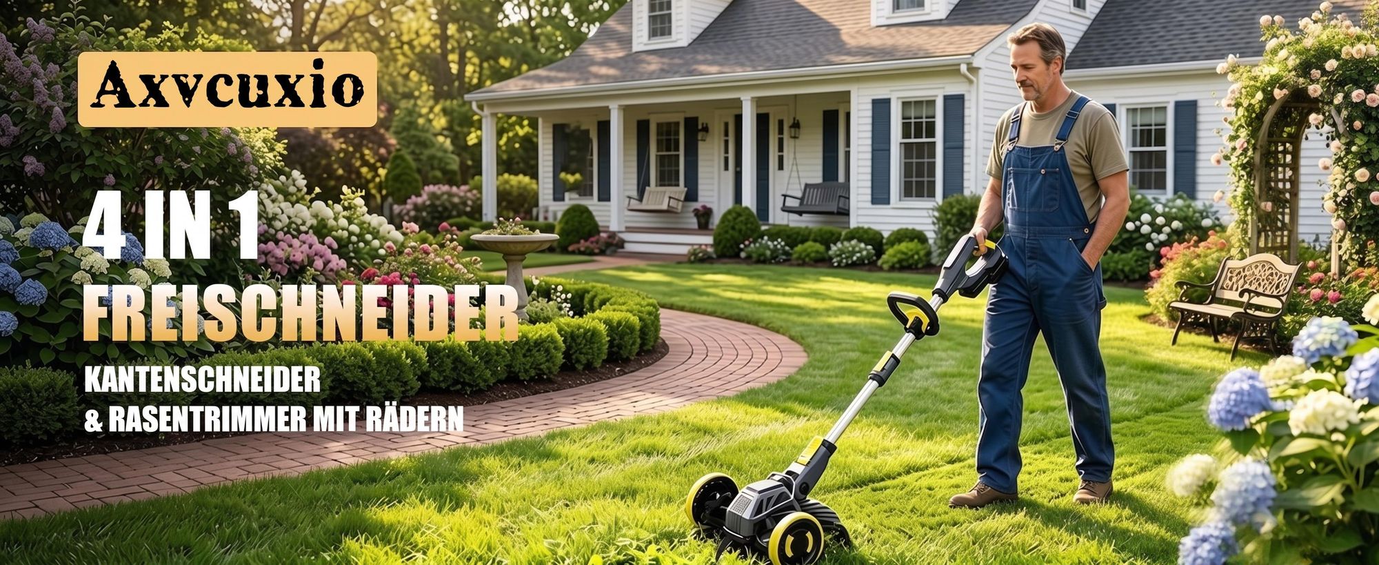 Akku Rasentrimmer, 4in1 Rasenkantenschneider, mit 2× 4000mAh Akku, kompatibel mit Makita-Akkus, Bürstenloser Motor, Gartengerate mit Unkrautbürste