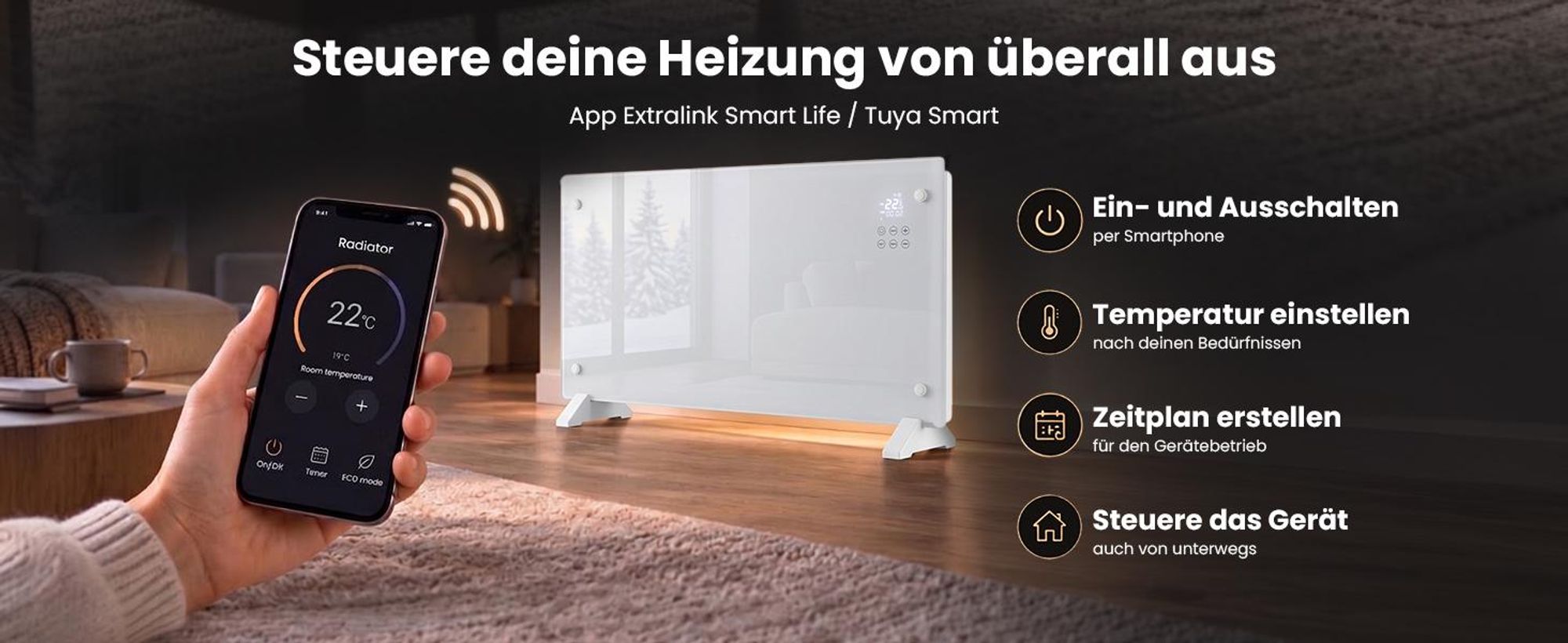 EXTRALINK Glass Panel Heater Glasheizung 2000W WLAN, WiFi, Thermostat, Schwarz