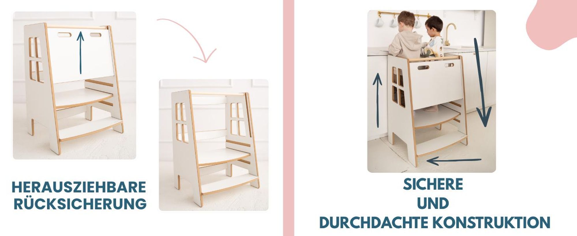 DOUBLE SAFE - Montessori Lernturm Kitchen Helper Kinderplattform Küchenturm | Lernturm für Geschwister | Lernturm für zwei Kinder