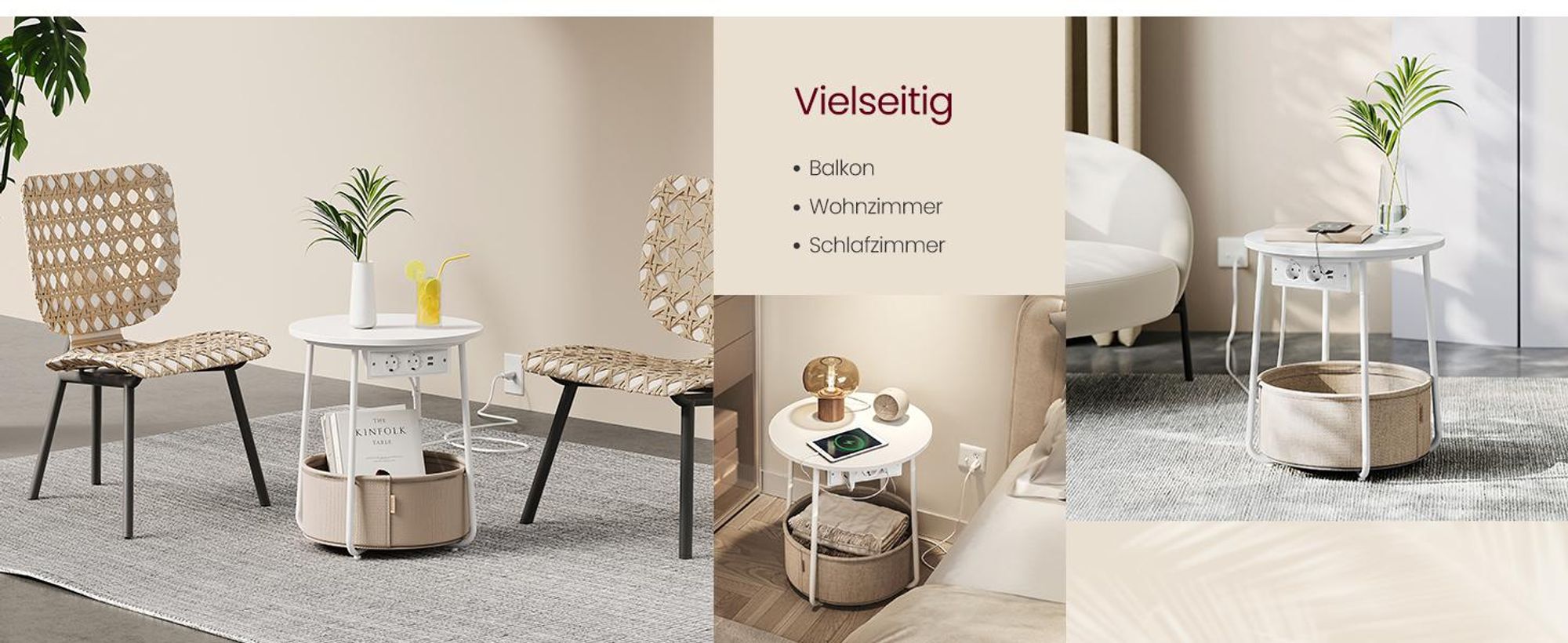 VASAGLE Beistelltisch rund, mit Steckdose, USB-Anschlüsse, Ø45 cm, mattweiß-kamelbraun