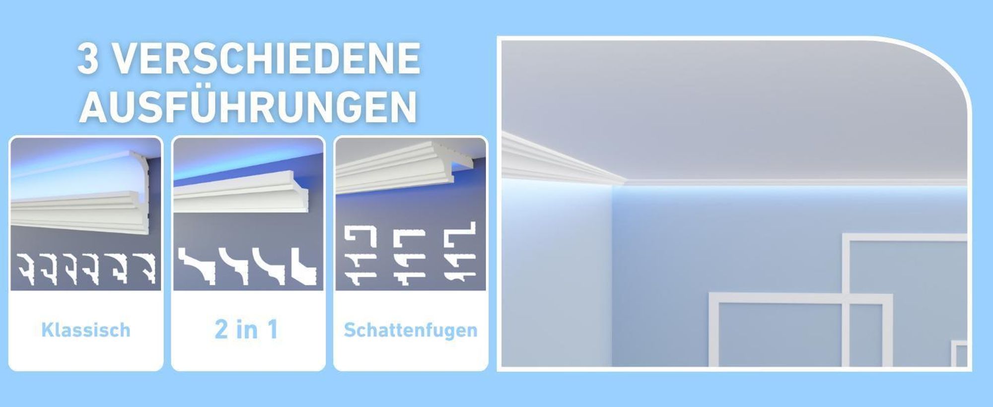 HEXIMO LED-Schattenfugenprofil Stuckleisten, indirekte Beleuchtung XPS Styropor-Trockenbau-Deckenleisten Lichtvouten-Deckenprofil (Muster HLED 15)