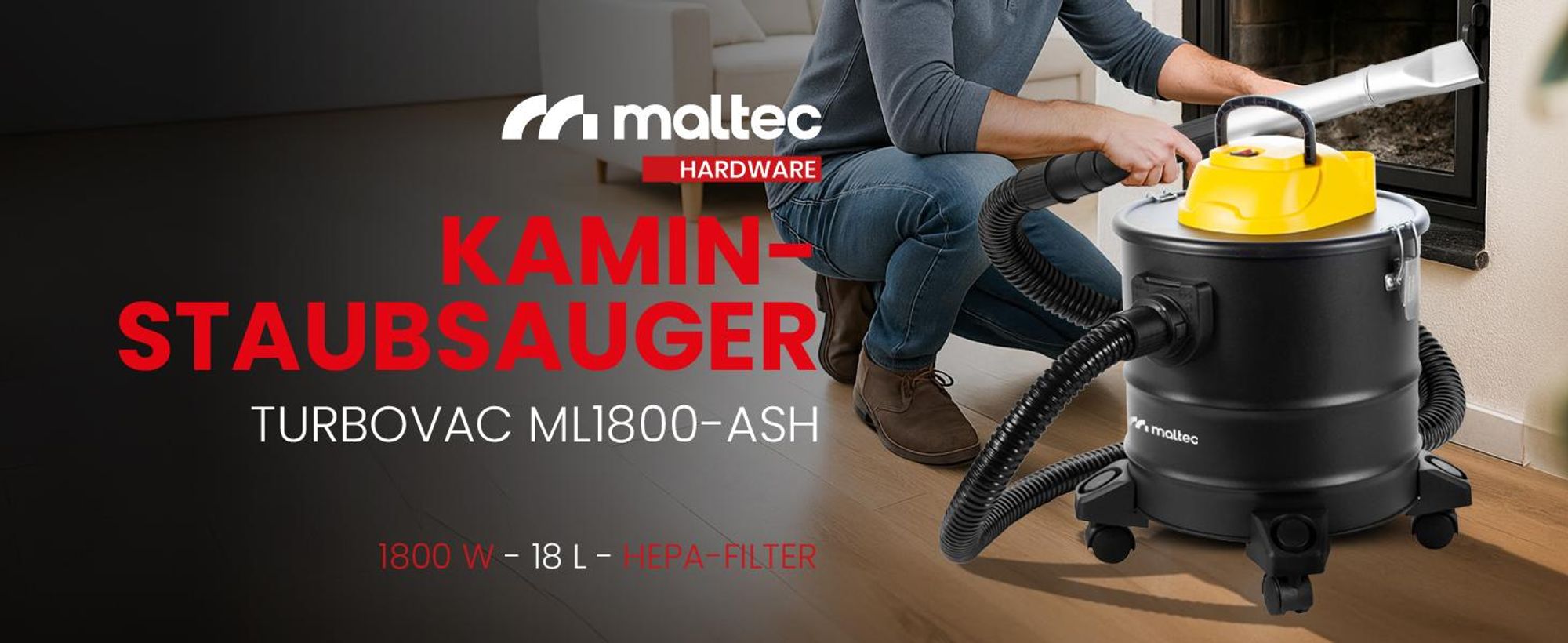 Industriestaubsauger 1800W Aschesauger Kaminsauger MalTec 18 Liter HEPA für Backofen Kamin, Grill Feuerstellen Reinigung im Innen- & Außenbereich