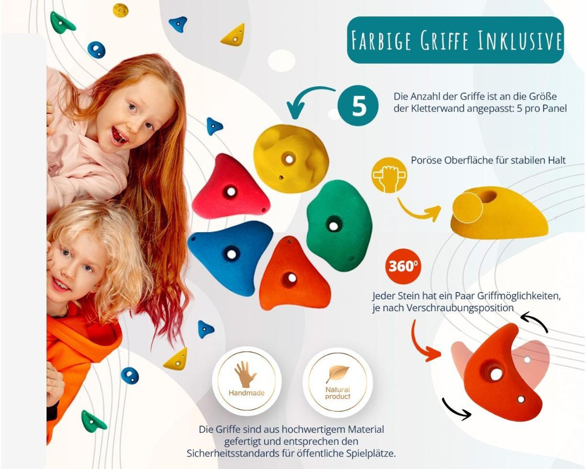 Create for you® - Kletterwand Kinderzimmer + 30 Klettersteine, Indoor, 150x225cm