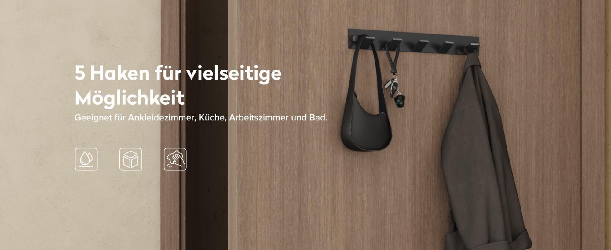 doporro Garderobenhaken Edelstahl, Kleiderhaken Wand mit 5 Haken, selbstklebend & ohne Bohren Matt schwarz für Jacken, Handtücher Stalo-03