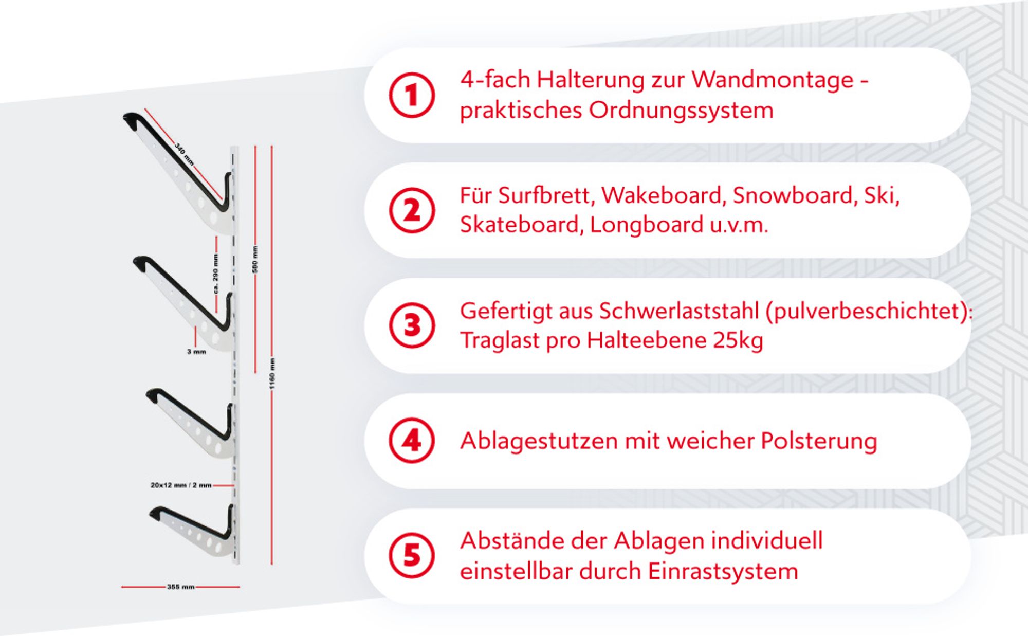 Wiltec 4-fach Universal Halterung mit 25 kg Traglast pro Ebene, Halterung für Surfbrett, Snowboard, Skier und mehr, gepolsterte Wandhalterung