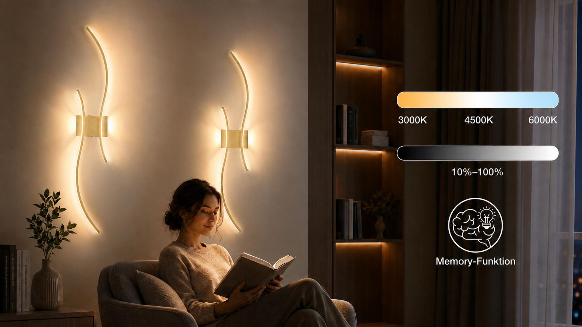 Akku Wandleuchte 100cm 2er Set - Kabellos Dimmbar 3000K-6000K USB-C Wiederaufladbar Wandlampe mit Fernbedienung Gold Wohnzimmer Flur Treppenhaus