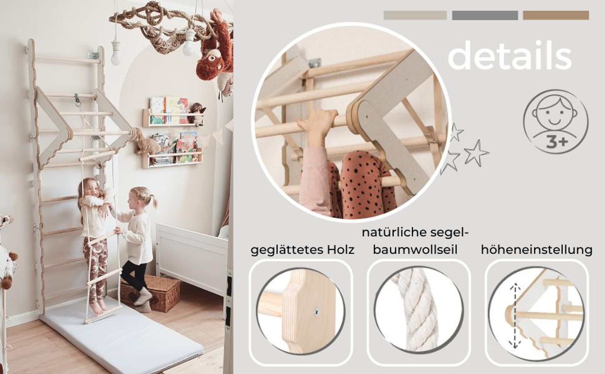 Gymnastik-Sprossenwand für Kinder (210 cm), Wandmontierte Trainingsleiter, Strickleiter für Kinder, Holz-Spielplatz für Zuhause, Turnringe