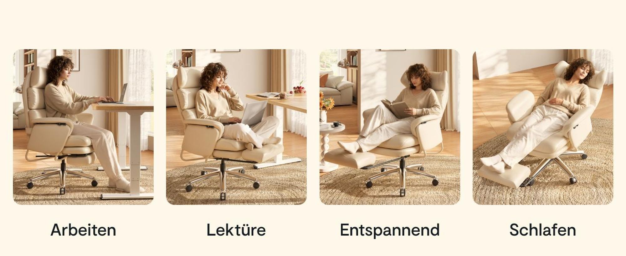 FLEXISPOT HC4 Pro 3-in-1 Chefsessel Bürostuhl mit 165° Liegefunktion, 3D-Kopfstütze, kratzfestem & wasserabweisendem Kunstleder und Fußstütze (Beige)