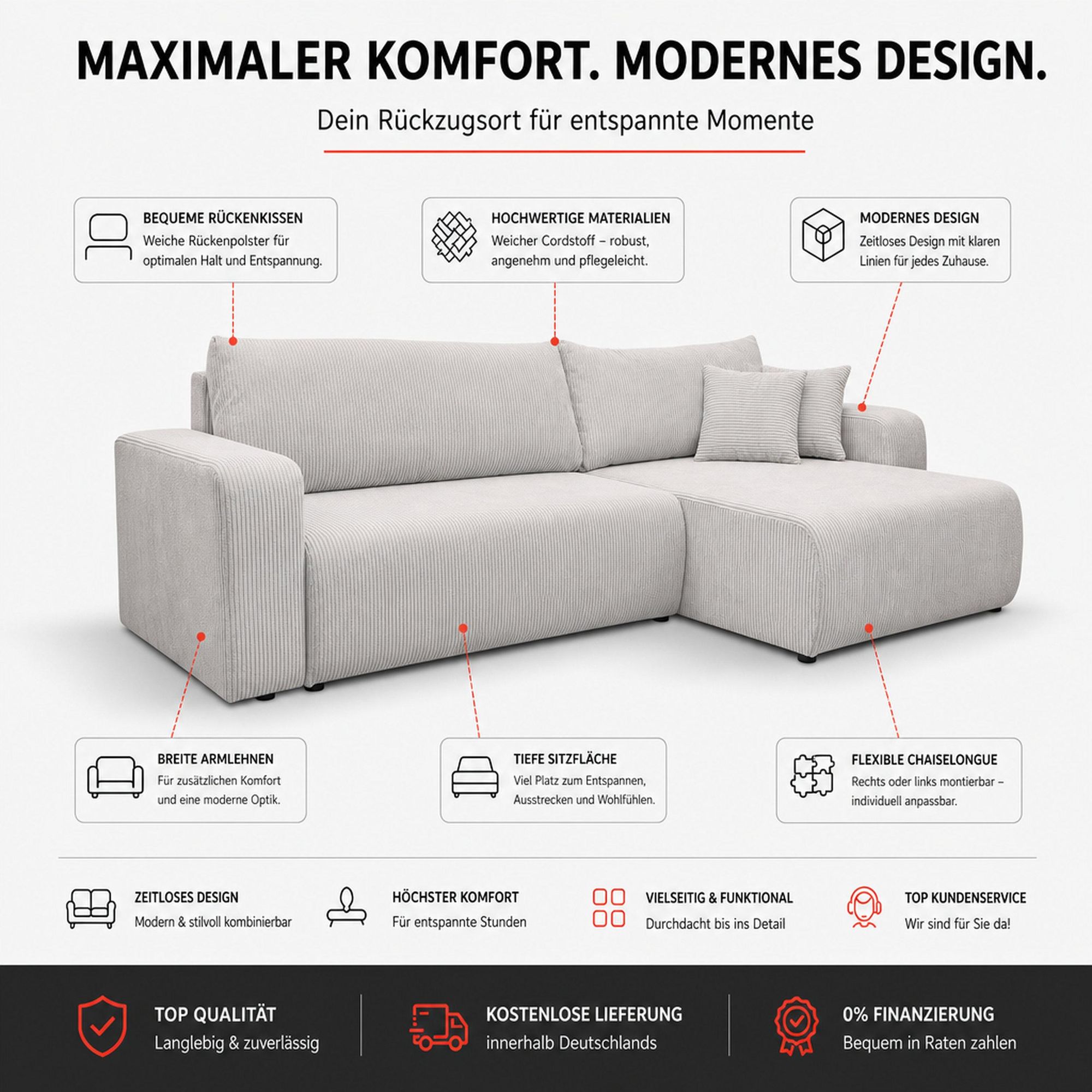 VENASI LUNA XL Ecksofa mit Schlaffunktion und Bettkasten Cord Schlafsofa Eckcouch Sofa Dunkelgrau