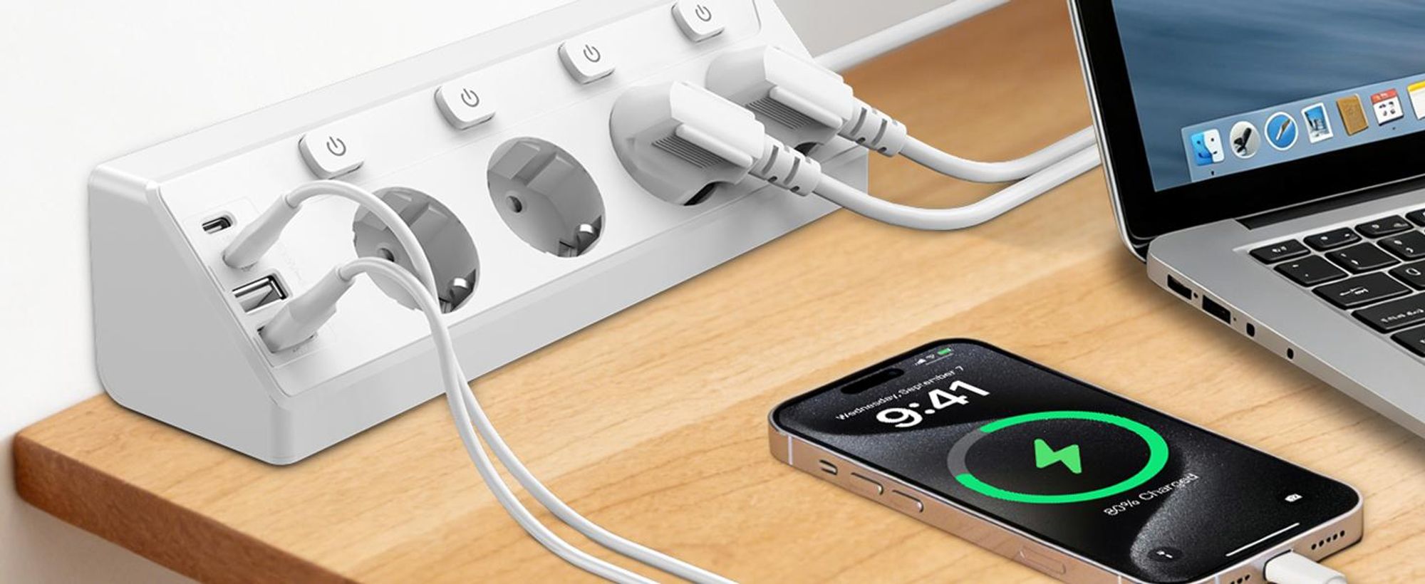 Steckdosenleiste, Steckdosenblock, Ecksteckdose, Mehrfachsteckdose, 4-fach Rund Mehrfachstecker, 4 USB (2 USB C), 2M Verlängerungskabel