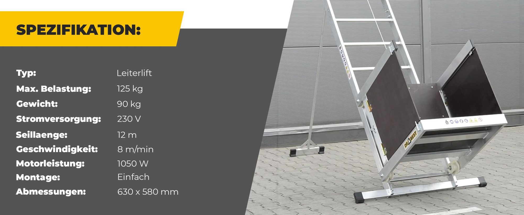 Drabest | Leiterlift Dachdecker, 125 kg Traglast, 1050W Motor, 12 m Seil, Aluminium Konstruktion, Bis 12,5 m Höhe, Transportwagen, Schnelle Montage