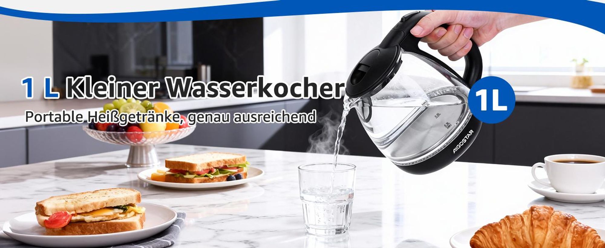 Aigostar - Kleiner wasserkocher glas mit led-beleuchtung, 1 Liter, 2200W