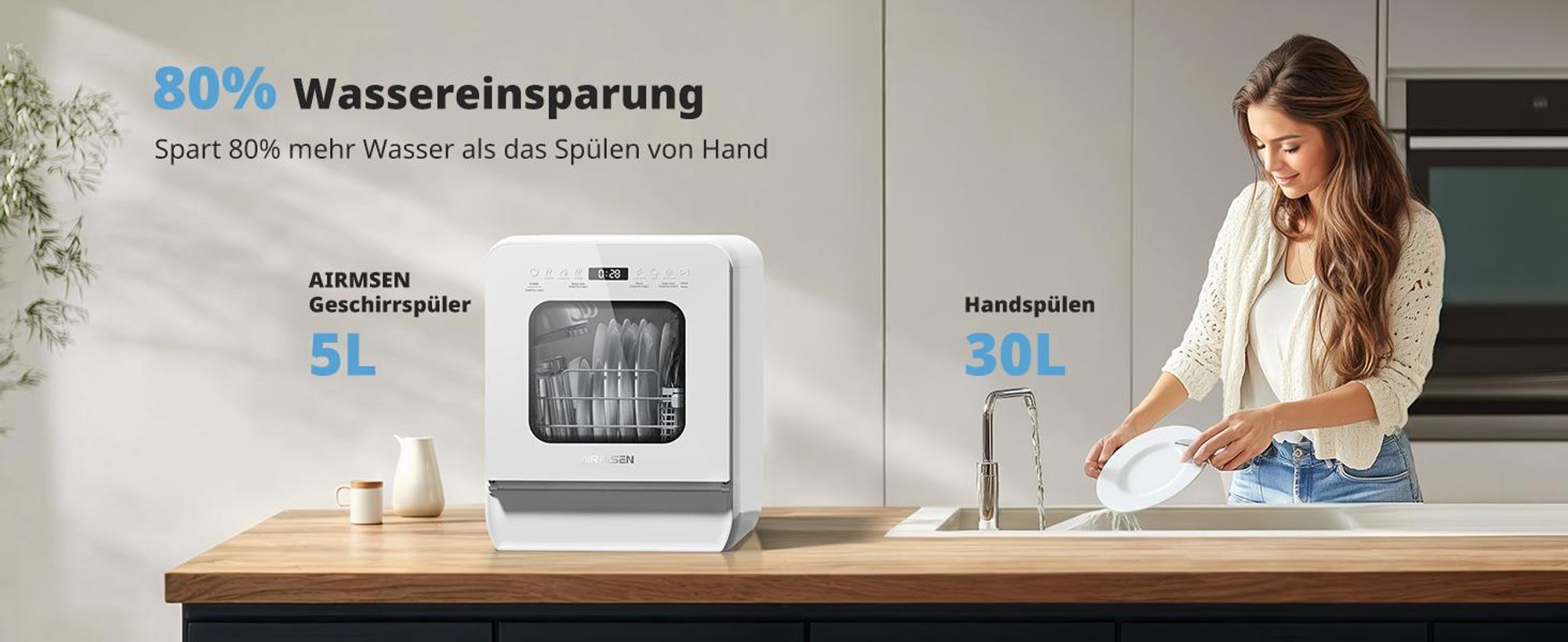 AIRMSEN Tischgeschirrspüler ECO-Modus,5L wassertank,9 Programme,Selbstreinigend, 1-24H Timer 5l, 4 Maßgedecke, Geeignet für Hausküchen, Wohnungen