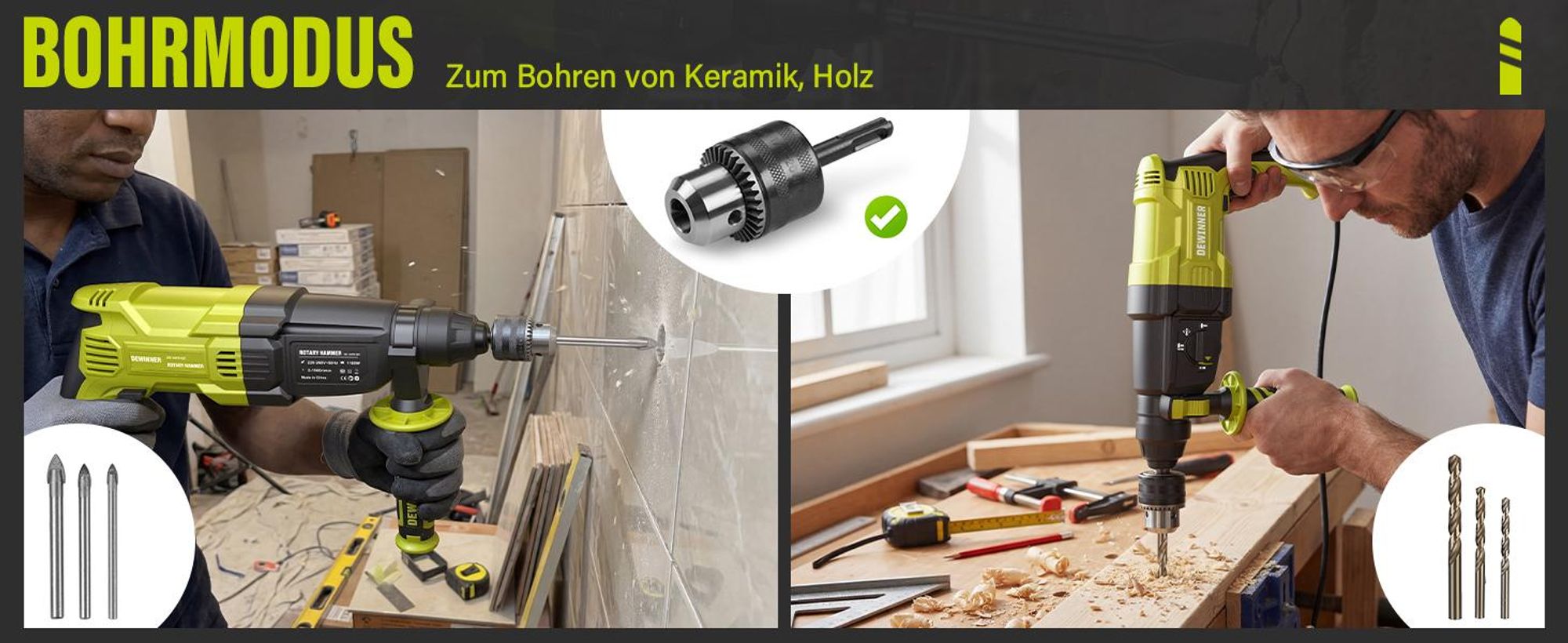 DEWINNER Bohrhammer, 1100 W, 3,4 J, Bohrhammer 0 – 1500 U/5500 BPM mit 4 Funktionen und Sicherheitskupplung, 20 Zubehörteile, variable Geschwindigkeit
