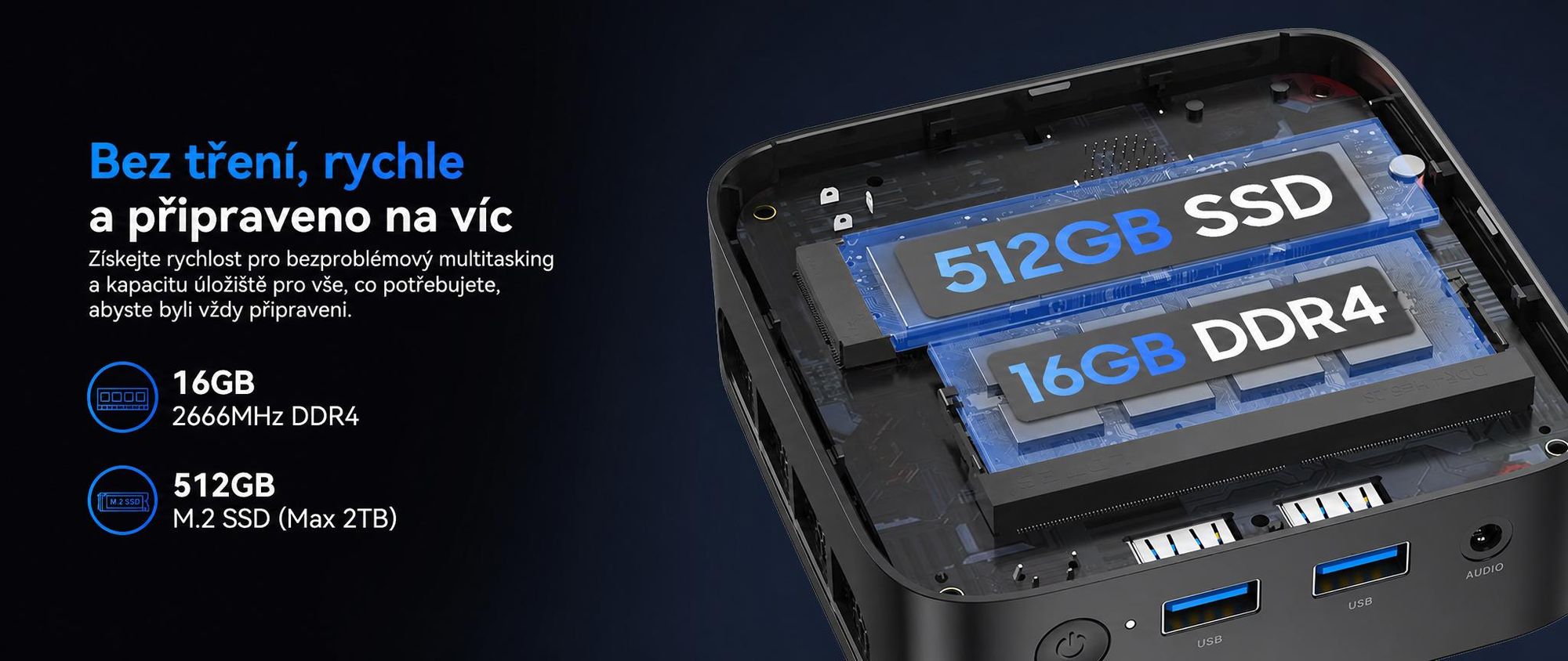 Mini PC Blackview-Huidun H50 s procesorem AMD Ryzen 3300U, grafickou kartou Vega 6, 16 GB RAM, 512 GB SSD, výstupem 4K a ultrakompaktním designem o objemu 0,35 l