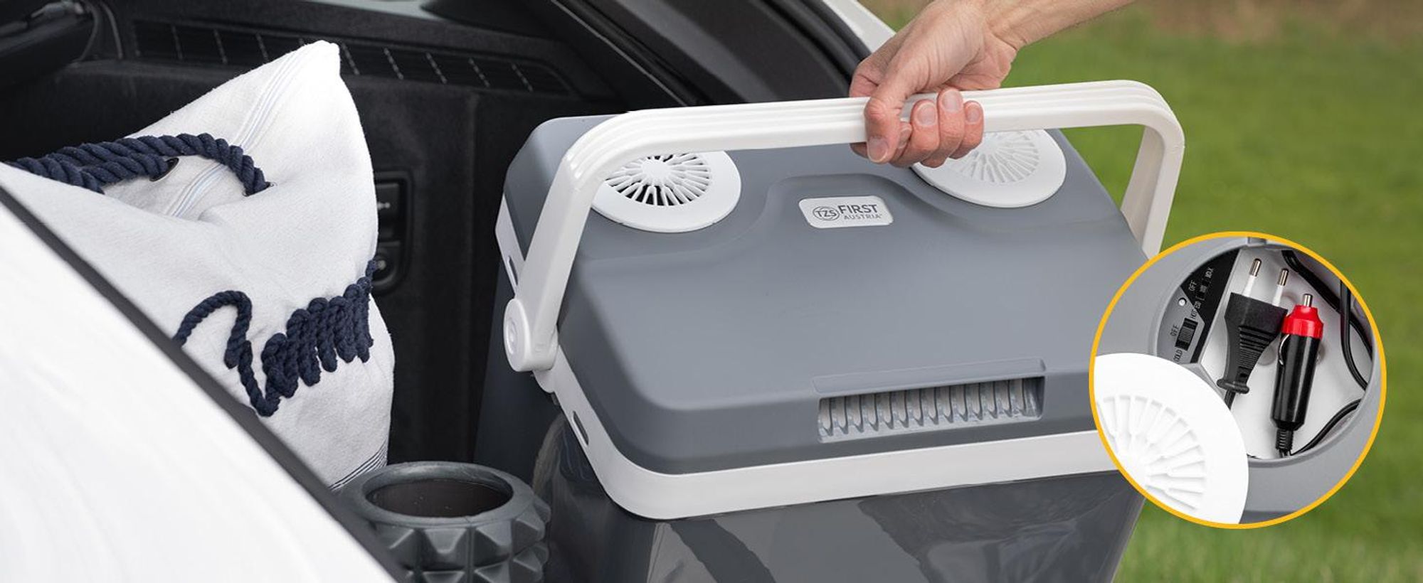 TZS First Austria - Kühlbox 32L elektrisch 12V 230V Anschluss für Auto & Steckdose - Thermoelektrisch - Grau