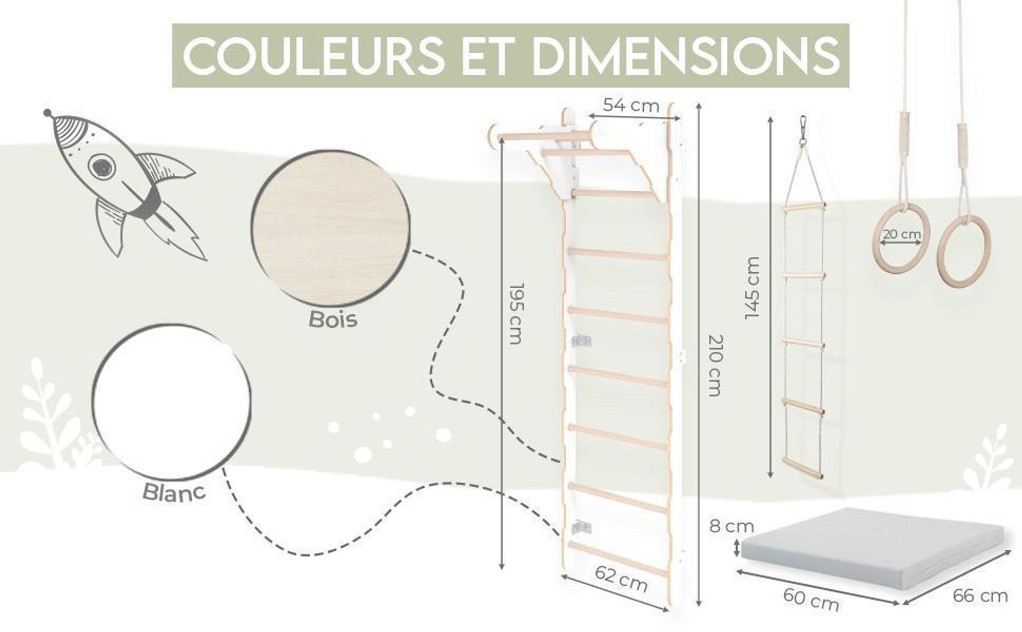 Échelle de gymnastique pour enfants (210 cm), Échelle murale en bois, Cadre d'escalade pour enfants, Roues de gymnastique, Matelas de protection
