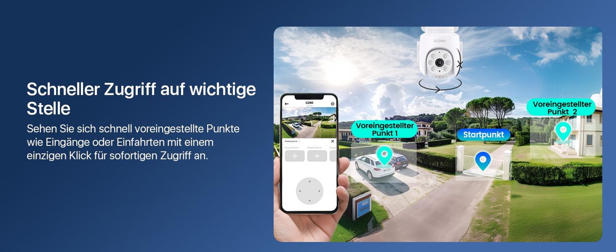 ZOSI 3K 5MP Wi-Fi 6 Überwachungskamera Set mit 2X 360° PTZ WLAN Kamera Aussen, 64GB Karte, Personenverfolgung, Farbnachtsicht, 2-Wege-Audio, C280