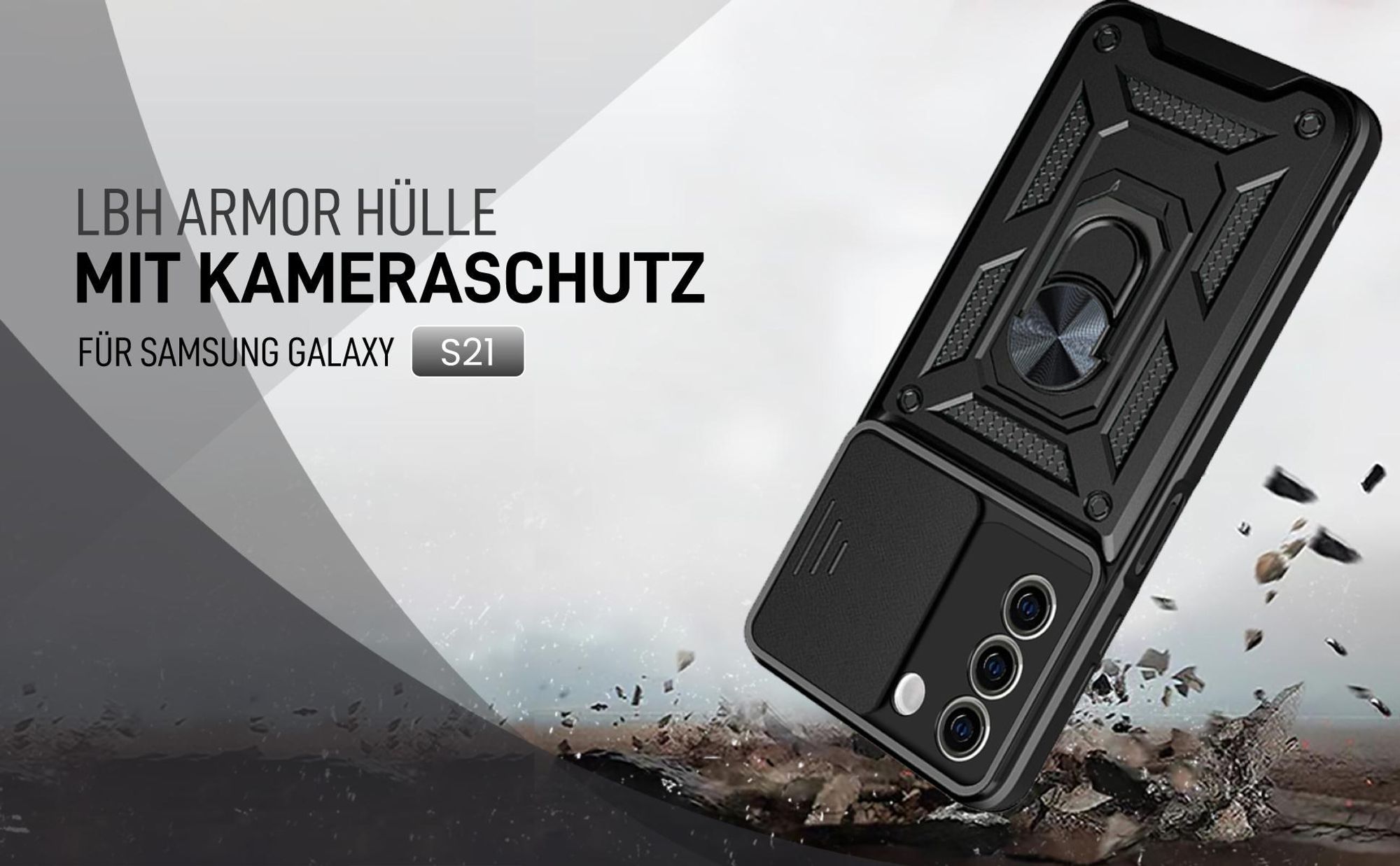 Schwarze Outdoorhülle mit Kameraschutz für Samsung Galaxy S21
