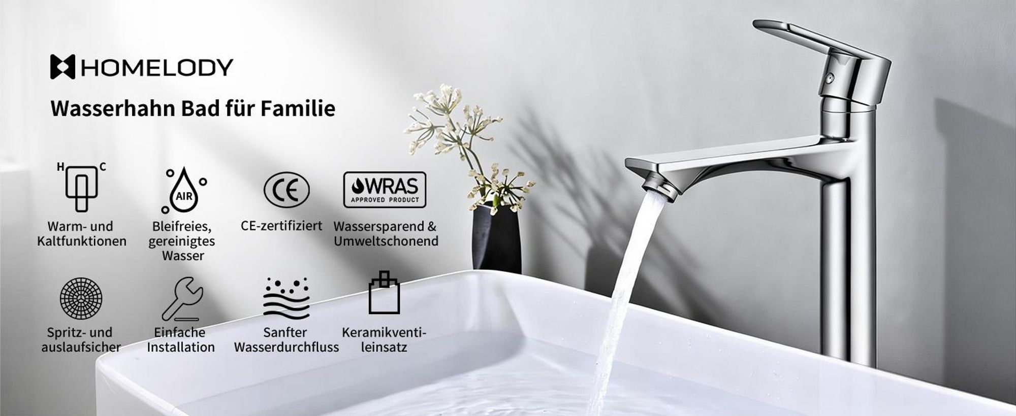 Homelody Chrom Wasserhahn Bad mit Universal Ablaufgarnitur Armatur Mischbatterie Waschbeckenarmatur mit Pop-Up Ventil Messing Überlauf Abflussgarnitur