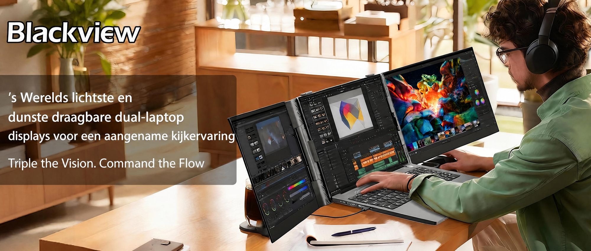 Blackview Draagbaar Scherm DCM6, 14 inch, Dubbel scherm laptopmonitor, ultradun, FHD, geschikt voor laptops van 13,3" tot 17,3", 180° draaibaar, compatibel met Windows/Mac/Android