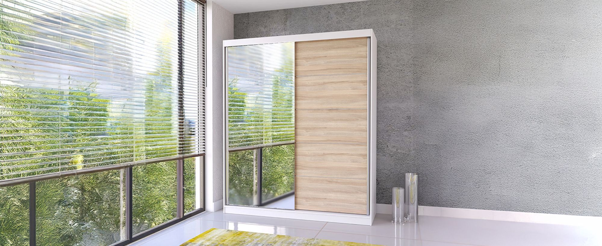 Schwebetürenschrank Kleiderschrank Bella 03, 183 cm, Weiß/Sonoma, mit Spiegel