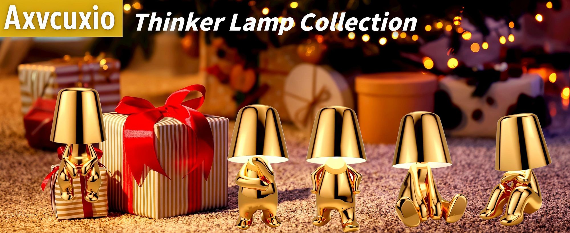 Thinker-Statue LED Nachttischlampe mit Touch-Steuerung,USB-Aufladung,3 Helligkeitsstufen,Kabellose Dimmbare Tischlampe,Dekorative Nachtlicht,(Gold A)