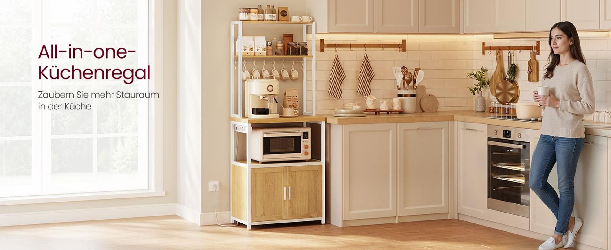 Küchenregal mit Steckdosen, Küchenschrank, 90 cm hoher Arbeitsplatte, Standregal mit 8 Haken, goldeichenfarben-wolkenweiß