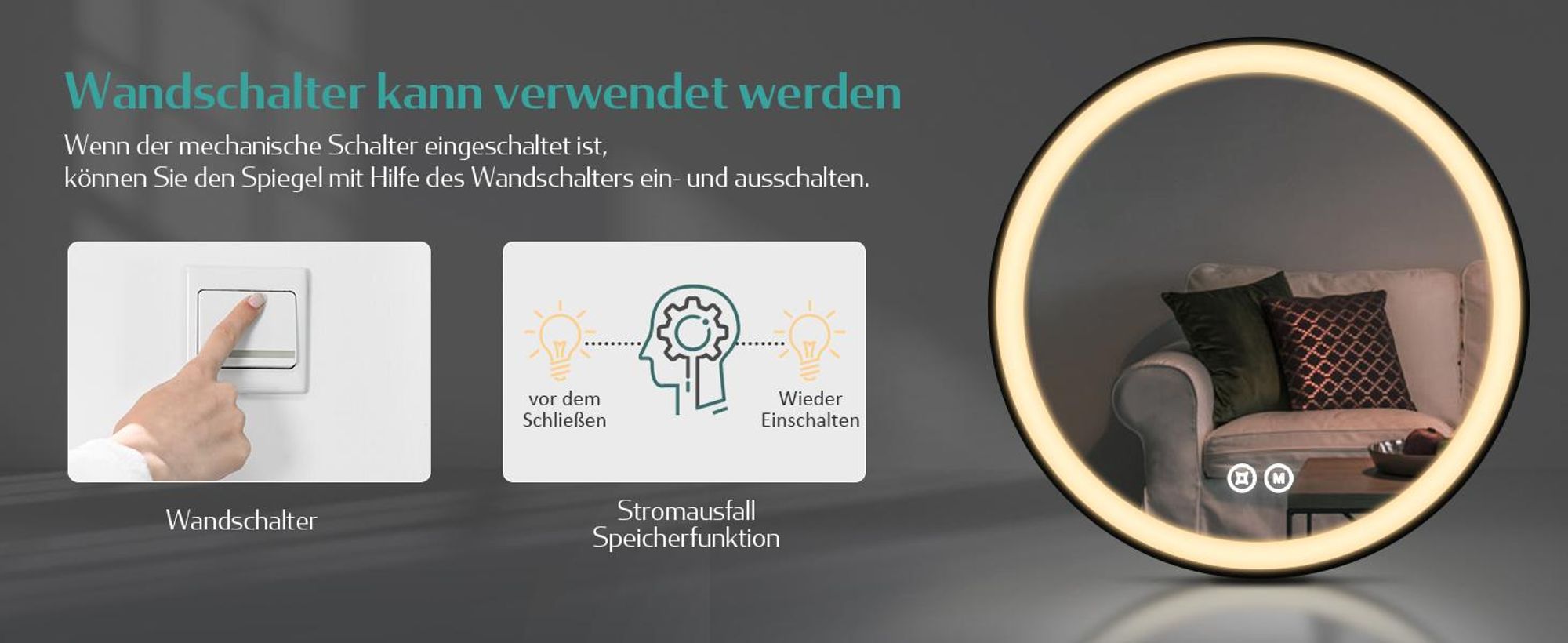 EMKE LED Badspiegel Rund 60 cm Durchmesser LED Spiegel Badezimmerspiegel mit Beleuchtung 3 Lichtfarbe 3000-6400K Kaltweiß Neutral Warmweiß Dimmbar Lichtspiegel mit Touchschalter IP44 Energiesparend (Schwarz Design)