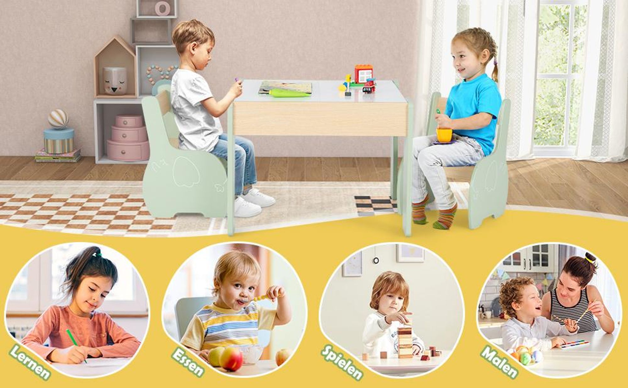COSTWAY 3tlg. Kindersitzgruppe aus Holz, 4-in-1-Kindertisch mit 2 Stühlen & Abnehmbarer Tafel, Kindermöbel-Set mit Stauraum für Spielzimmer, Kindergarten (Grün)
