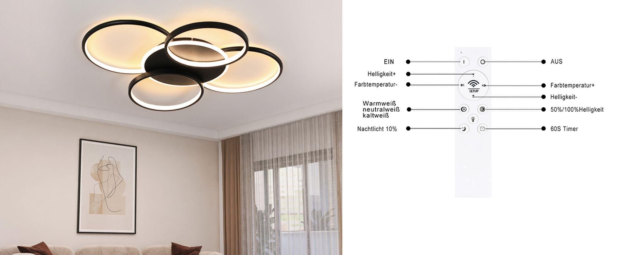 ZMH lampa sufitowa LED lampy sufitowe 70W salon lampa salonowa ściemnialna z pilotem 5 pierścieni czarna lampa sypialniana oświetlenie sufitowe