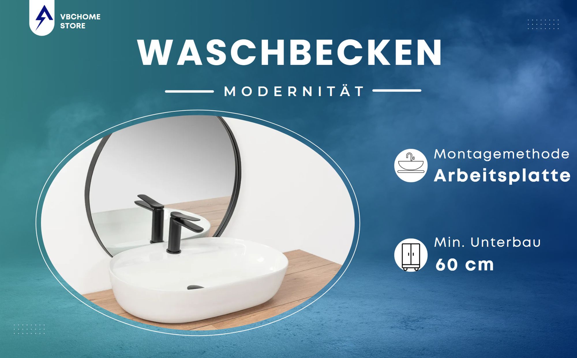 VBChome Waschbecken 60 x 40 cm Keramik Weiß Oval mit Hahnloch Waschtisch Handwaschbecken Aufsatzwaschbecken Waschschale Keramikwaschbecken Waschbecken
