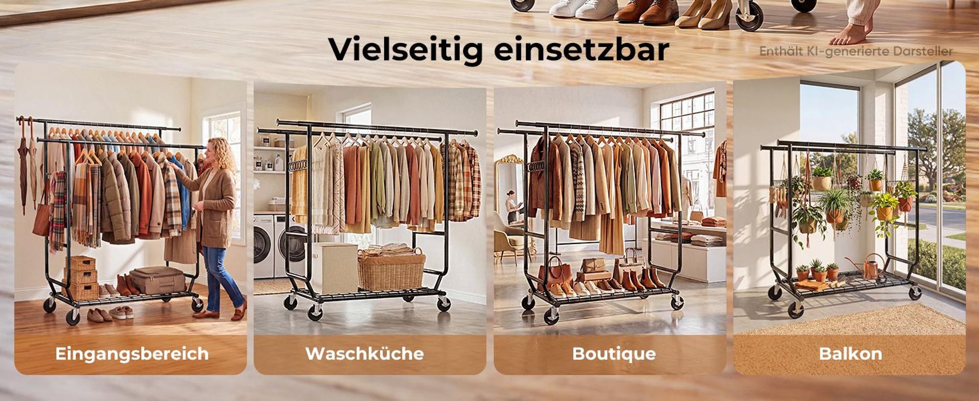 HOKEEPER Schwerlast Kleiderständer auf Rollen, Doppelter Kleiderstange,bis 283 kg belastbar (D002K)